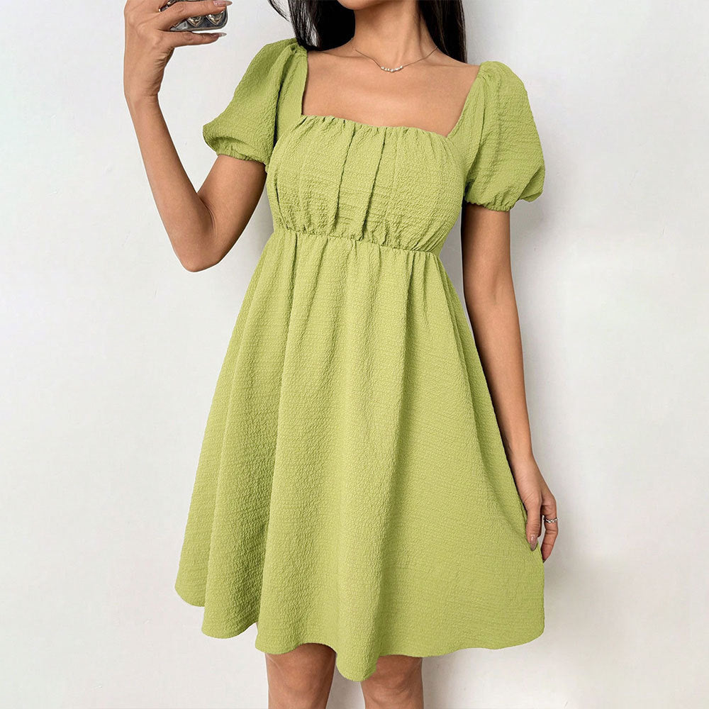 Sexy Elegant Summer Square Collar Puff Sleeve Short Sleeve Waist Controlled Design Short Dress Yiskiss