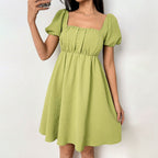 Sexy Elegant Summer Square Collar Puff Sleeve Short Sleeve Waist Controlled Design Short Dress Yiskiss