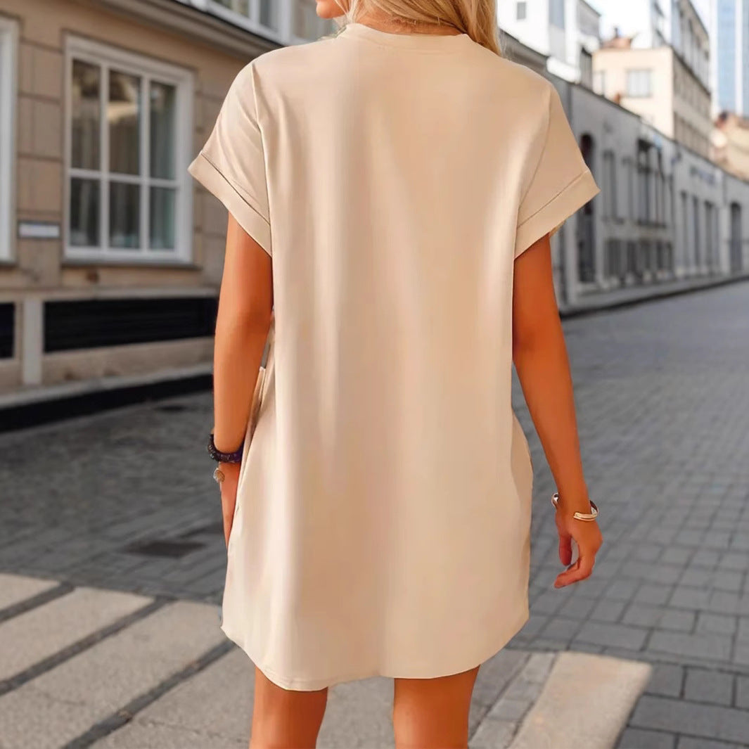 Women Clothing out Heart-Shaped Sequin Embroidery round Neck Casual Short Sleeve Drop Shoulder Sleeve Loose Dress Venly