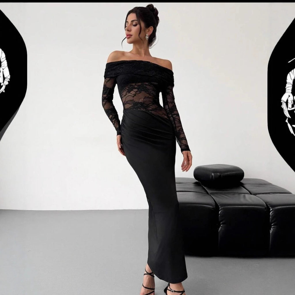 Vestido maxi de encaje con hombros descubiertos y aberturas de verano, vestido de tubo sexy de alta calidad de manga larga, ropa de mujer