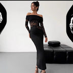 Vestido maxi de encaje con hombros descubiertos y aberturas de verano, vestido de tubo sexy de alta calidad de manga larga, ropa de mujer