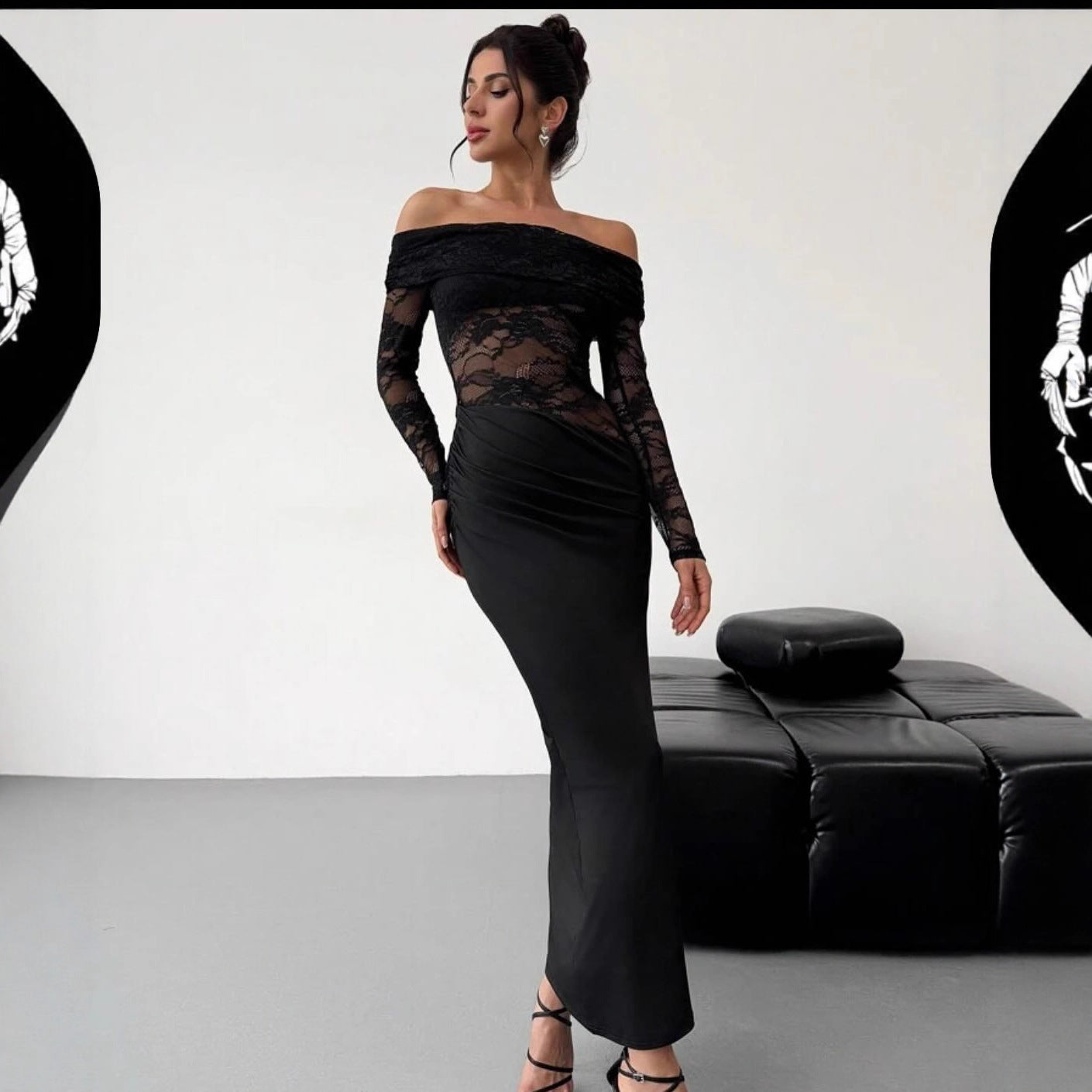 Vestido maxi de encaje con hombros descubiertos y aberturas de verano, vestido de tubo sexy de alta calidad de manga larga, ropa de mujer