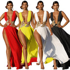 Nuevo vestido largo para dama, vestido de noche sexy de moda para boda, escote en V profundo, abertura alta, vestido de fregona grande con vuelo