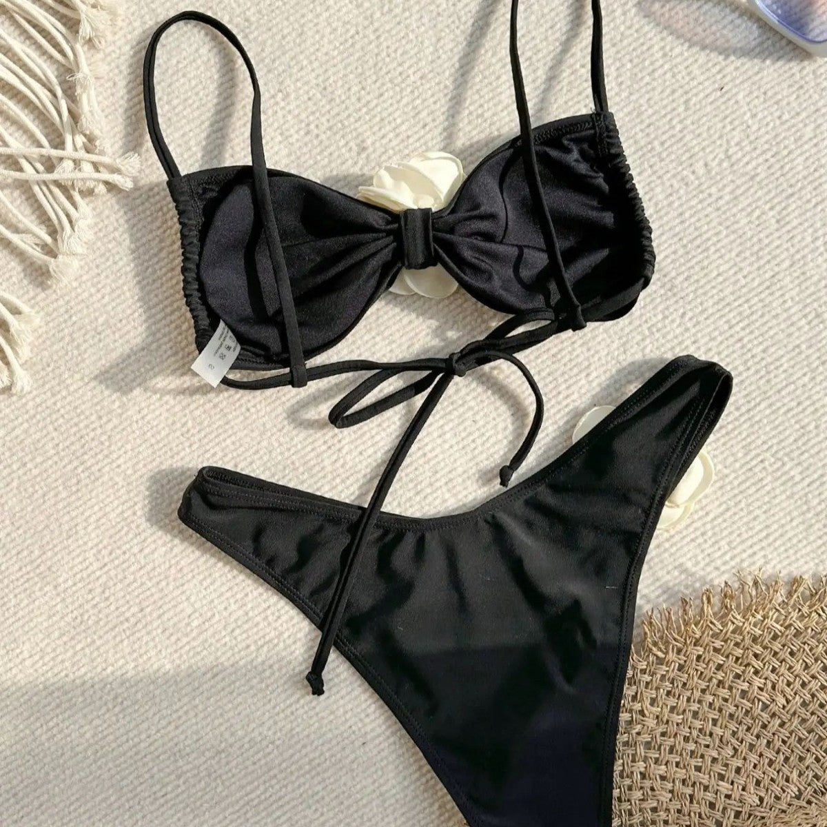Bikini Solid Color Three Dimensional Floral Tube Top Lace up Sexy Bikini Split Swimsuit WithWind