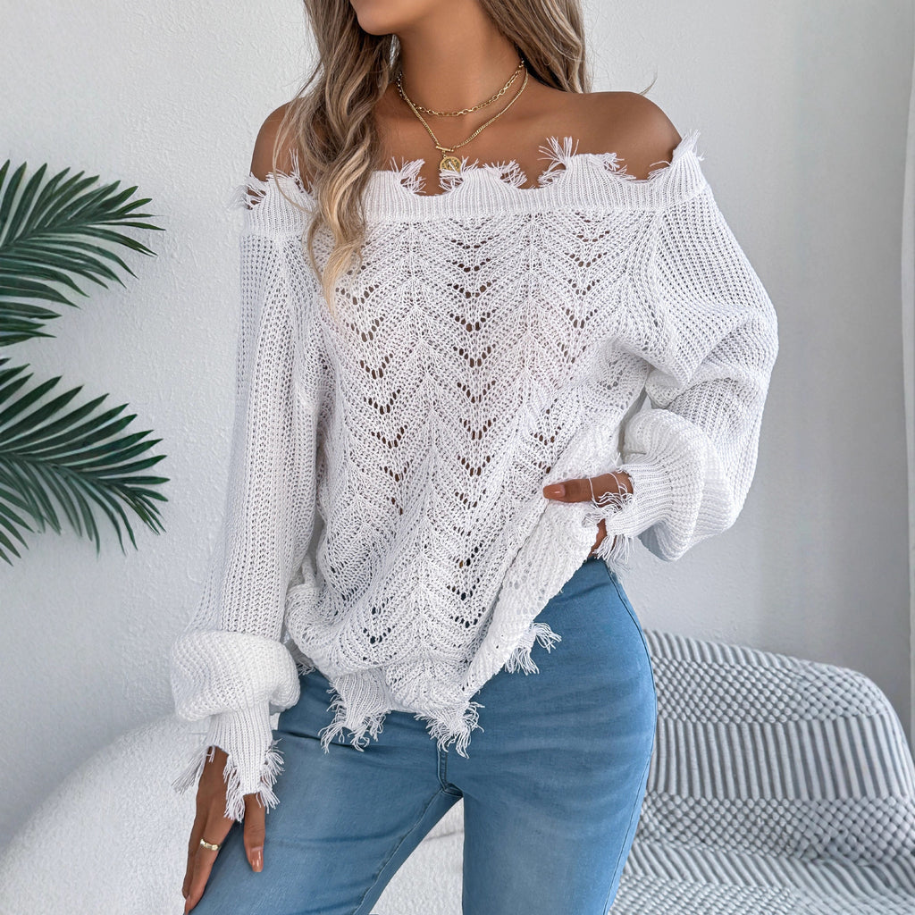 Pull-over automne-hiver uni à manches longues et épaules dénudées, couleur ajourée, pour femme