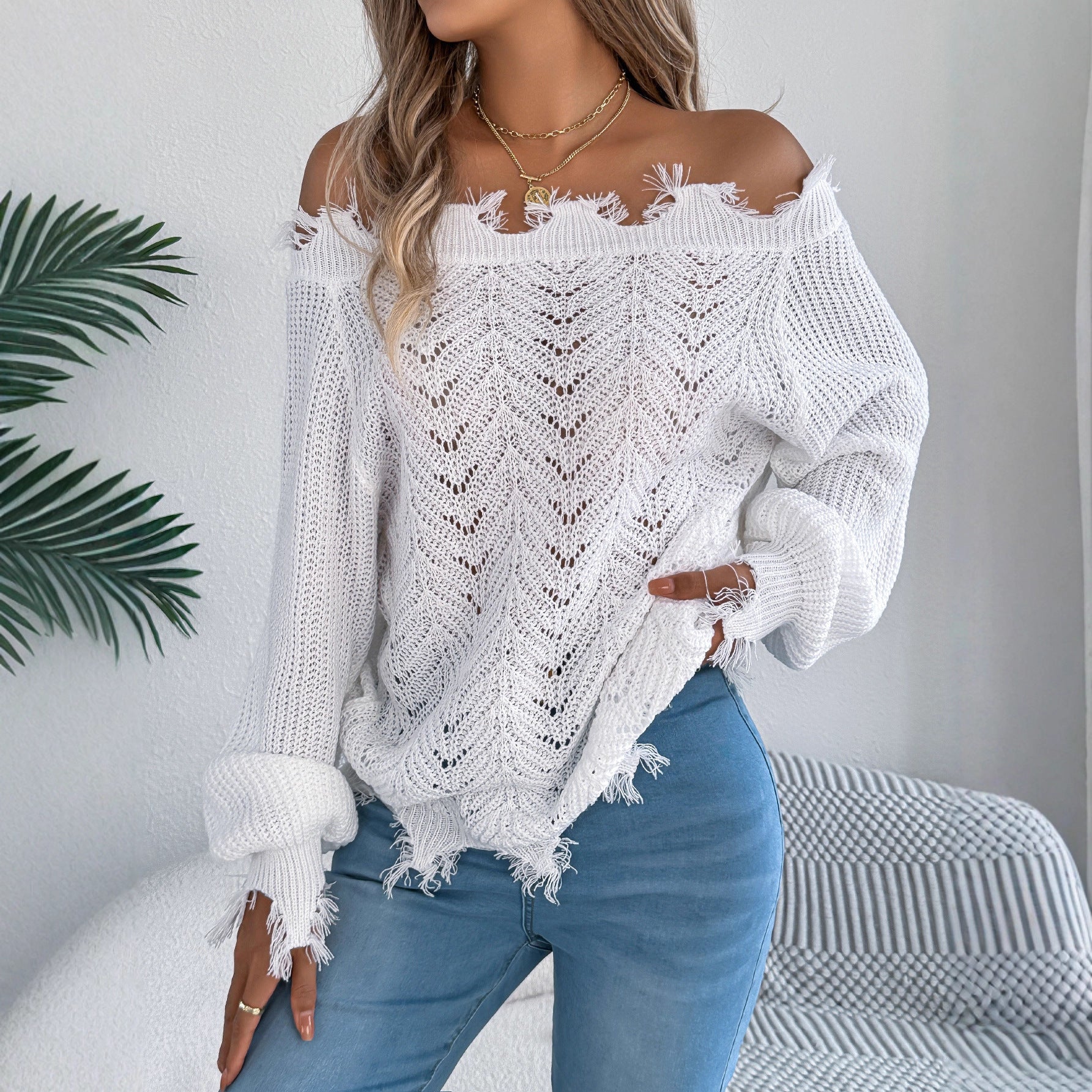 Pull-over automne-hiver uni à manches longues et épaules dénudées, couleur ajourée, pour femme