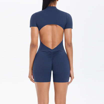 Mono deportivo de manga corta con cremallera y espalda descubierta para mujer, con aberturas en la espalda, color melocotón, para fitness y yoga