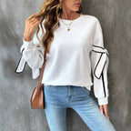 Autumn Contrast Color Three Dimensional Bow round Neck Long Sleeve Pullover Hoodie Women