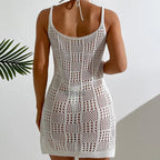 Vacation Women Clothing Short Chic round Neck Plaid Texture Hollow Out Cutout out See through Camisole Sexy Short Dress Crochet hook Tidee