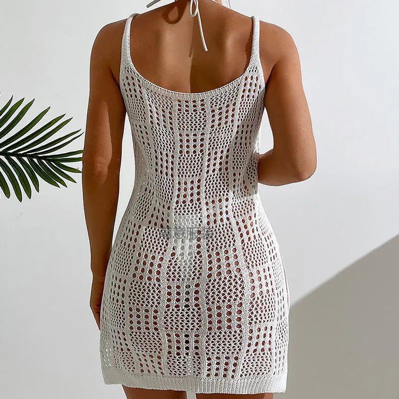 Vacation Women Clothing Short Chic round Neck Plaid Texture Hollow Out Cutout out See through Camisole Sexy Short Dress Crochet hook Tidee