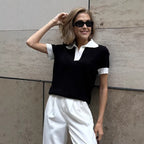 Short Sleeved Knitwear Summer Office Polo Collar Contrast Color Slim Fit Knitted Top BlueLine
