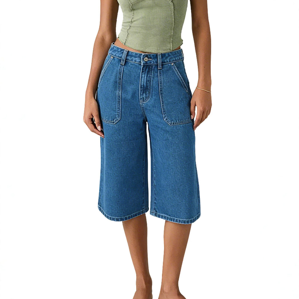 Summer Three Quarter Length Wide Leg Denim High Waist Loose Trendy All Matching Straight Women Jeans Shocen
