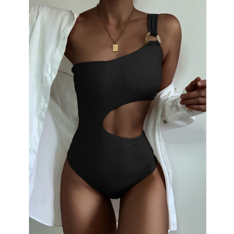 Traje de baño de una pieza de color sólido para mujer, traje de baño sexy con cintura ahuecada, traje de baño de un solo hombro, traje de baño bicolor