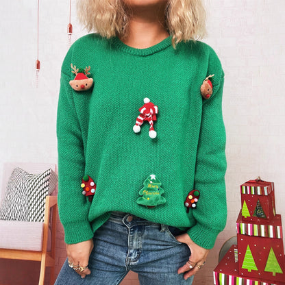 Autumn Winter Christmas Patchwork Three Dimensional Pattern Knitted Top Crew Neck Casual Year Women Sweater