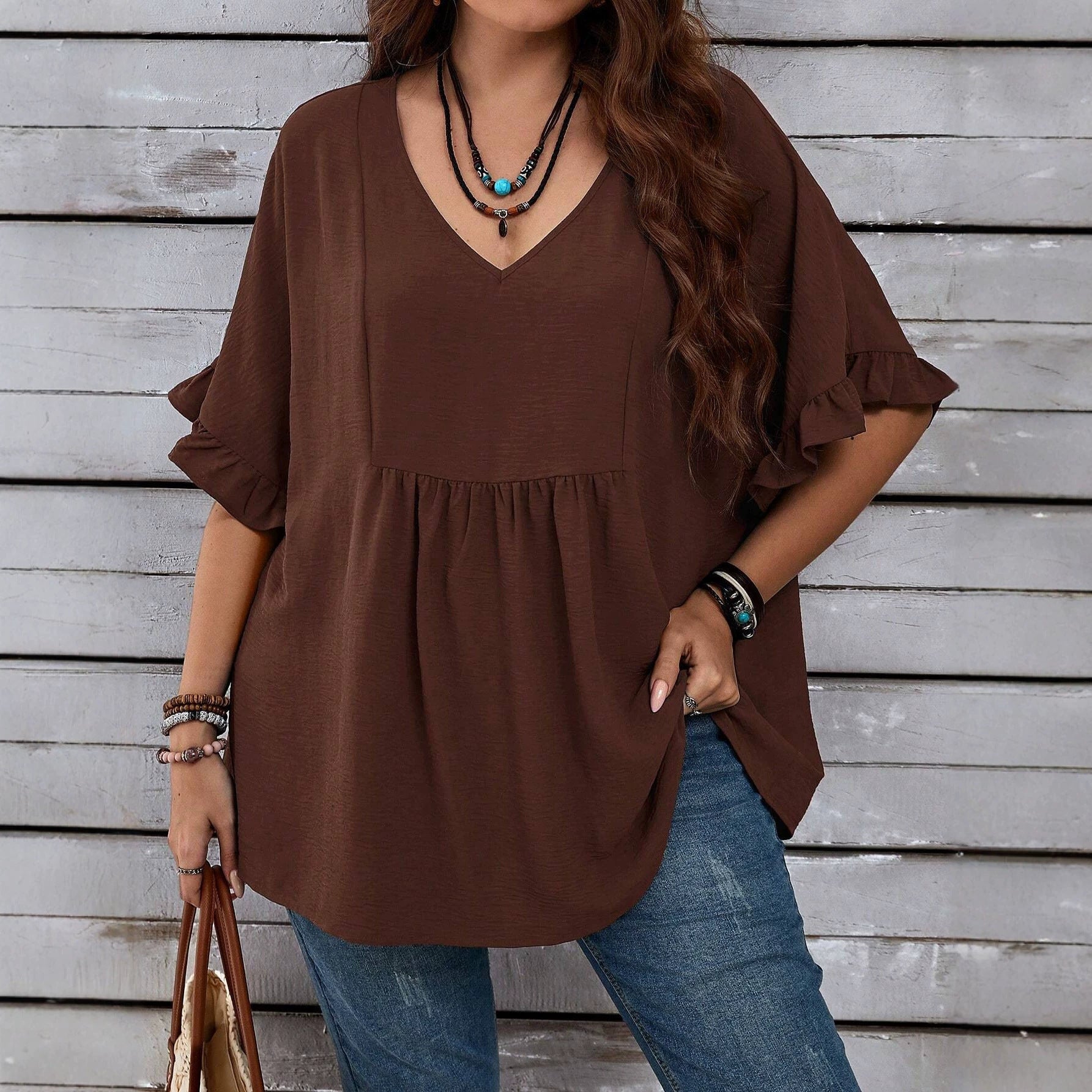 Plus Size Summer Women V neck Solid Color Loose Ruffled High Waist Half Sleeve Top AXE