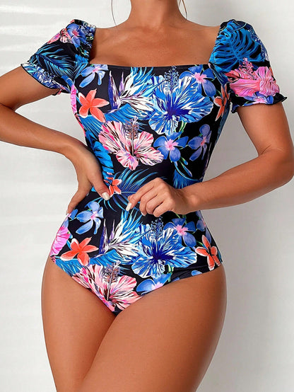 Swimsuit Women Printed Floral Triangle One Piece Printed Bikini Tied Swimsuit