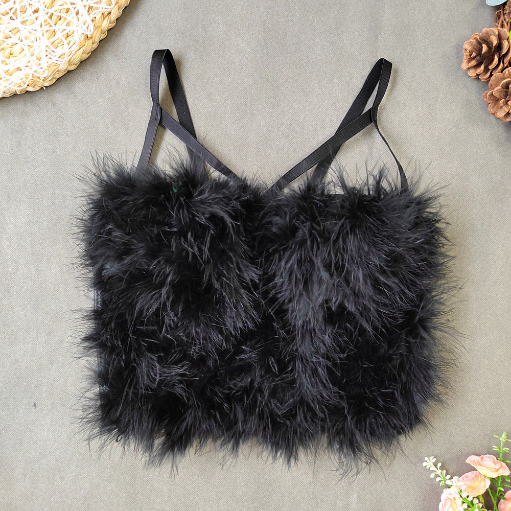 Ostrich Feather Stitching Leather Spaghetti Straps Outerwear Short Elegant Faux Leather Feather Tube Top Vest Slim Vest Kanuner