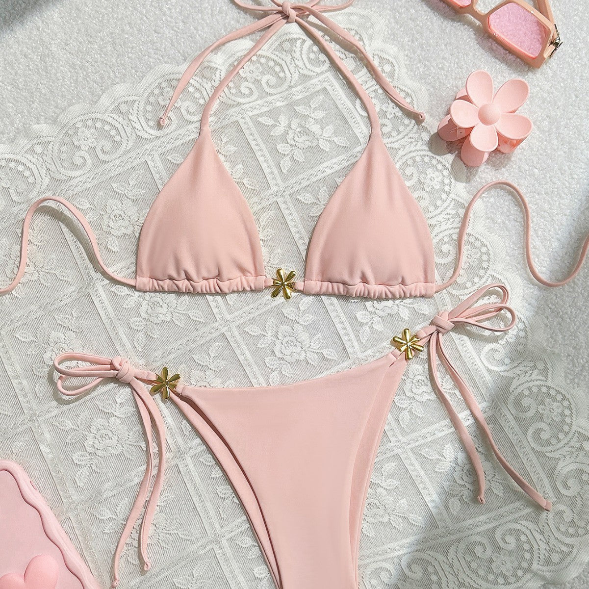 Sexy Exposed Back Women Summer Beach Solid Color Bikini OLam