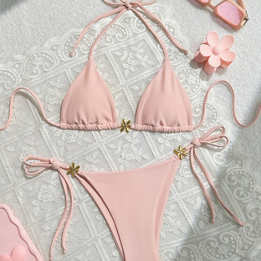 Bikini sexy de color liso con espalda descubierta para mujer para playa de verano