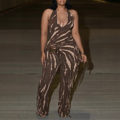 Mono elegante, sexy, ajustado, elástico, sin espalda, con borlas, estampado, con tirantes finos
