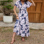 Real Shot Spring Summer Rayon Short Sleeve V neck Slim Fit Figure Flattering Maxi Dress Vacation Dress JoyMer