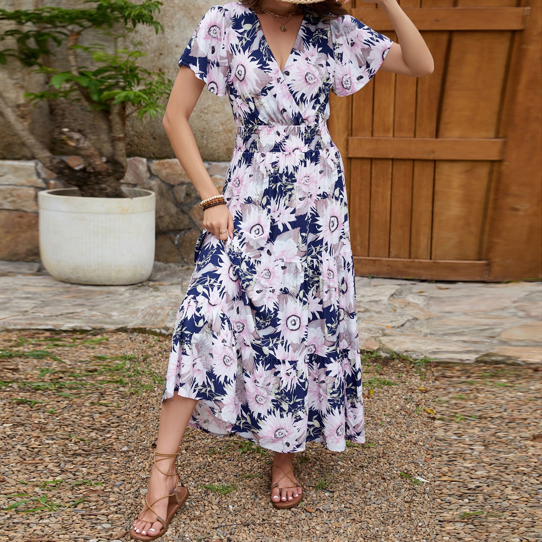 Real Shot Spring Summer Rayon Short Sleeve V neck Slim Fit Figure Flattering Maxi Dress Vacation Dress JoyMer