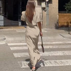 Lace Stitching Elegant Dress Summer Women Clothing V neck Puff Sleeve Single Breasted Sheath Dress Kigali