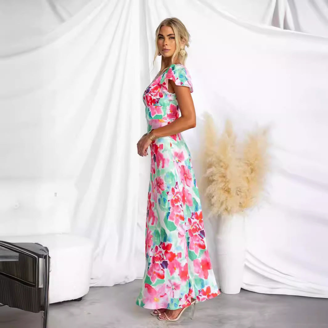 Spring Summer Floral Fresh Sweet V neck Lotus Leaf Sleeve Mid Length Dress XUYUN