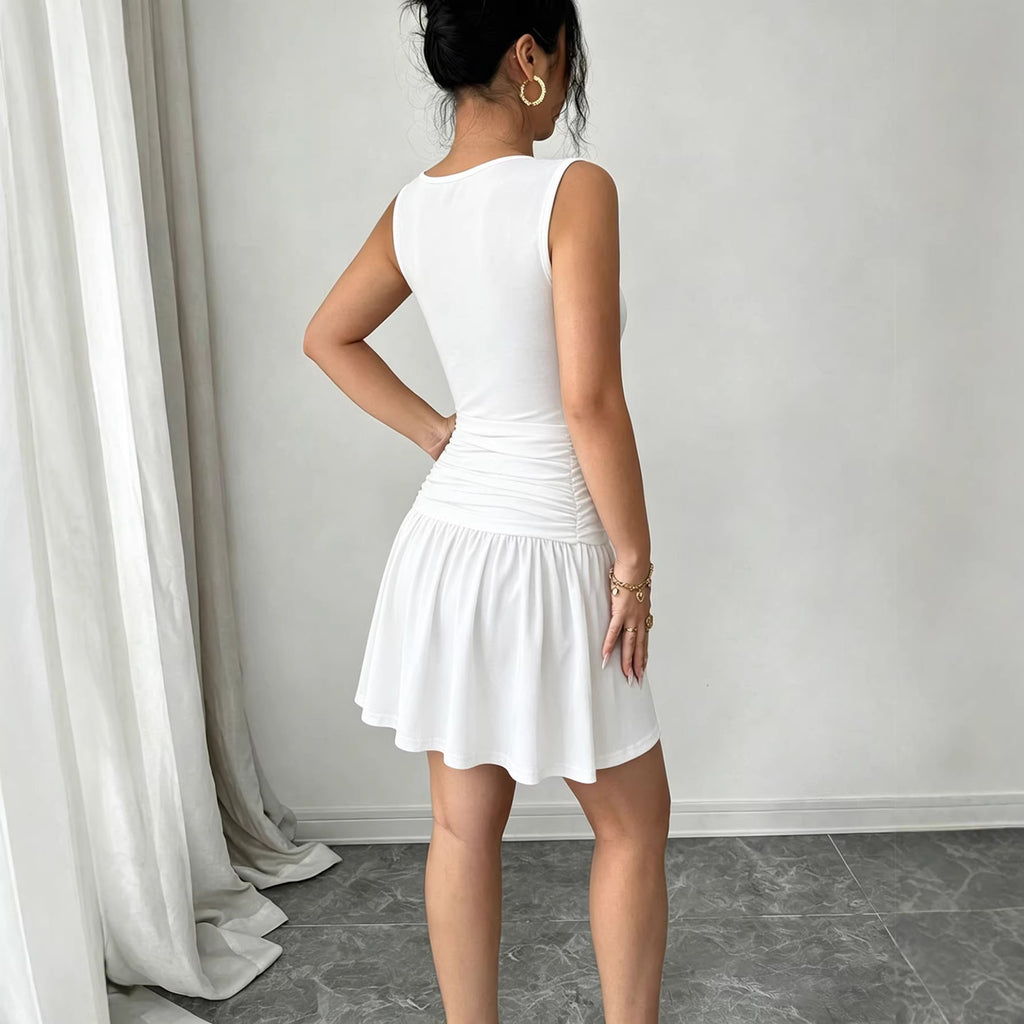 Summer French Dress Women round Neck Sleeveless Lace up Waist Controlled White Gentle Pleated Yiskiss