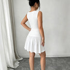 Summer French Dress Women round Neck Sleeveless Lace up Waist Controlled White Gentle Pleated Yiskiss