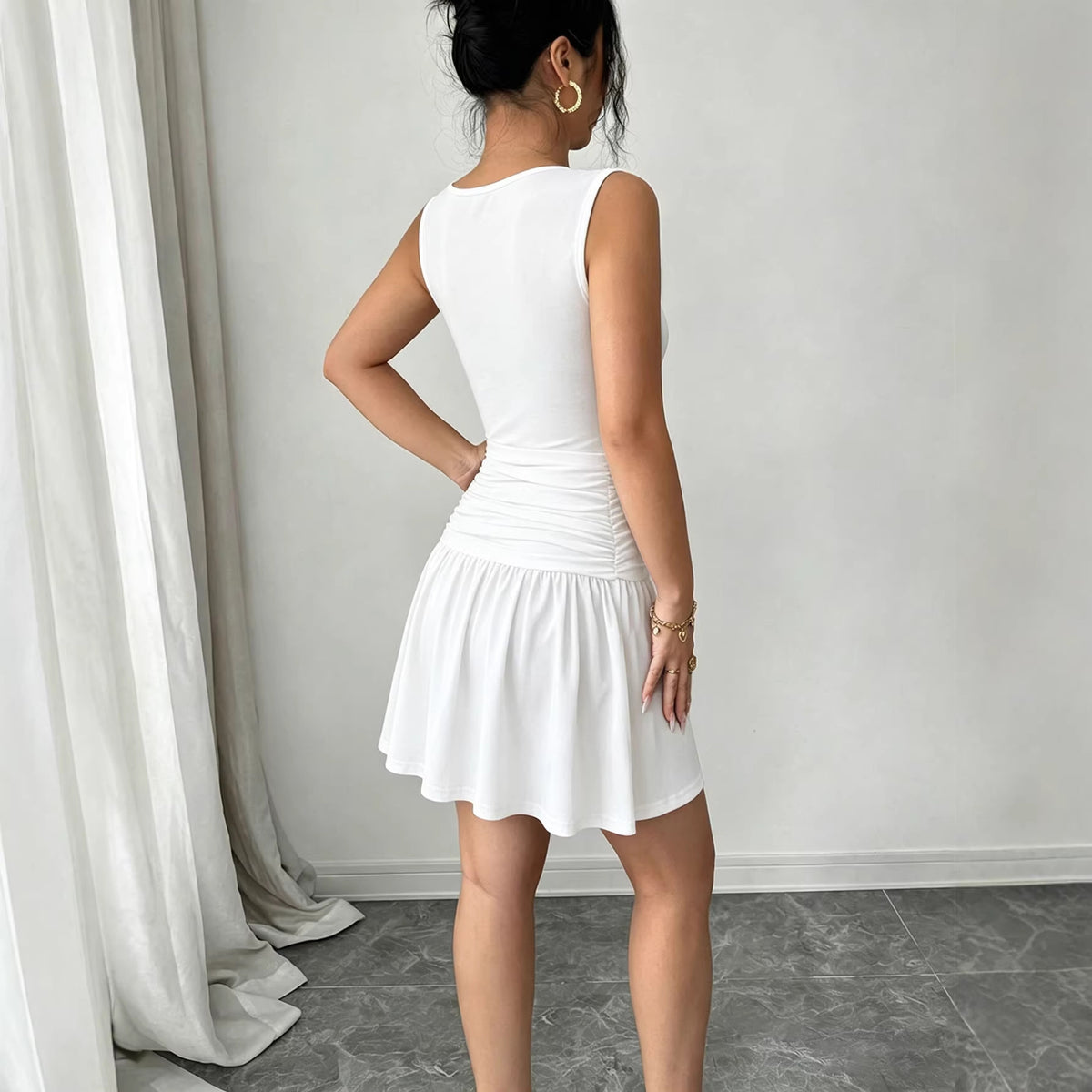 Summer French Dress Women round Neck Sleeveless Lace up Waist Controlled White Gentle Pleated Yiskiss