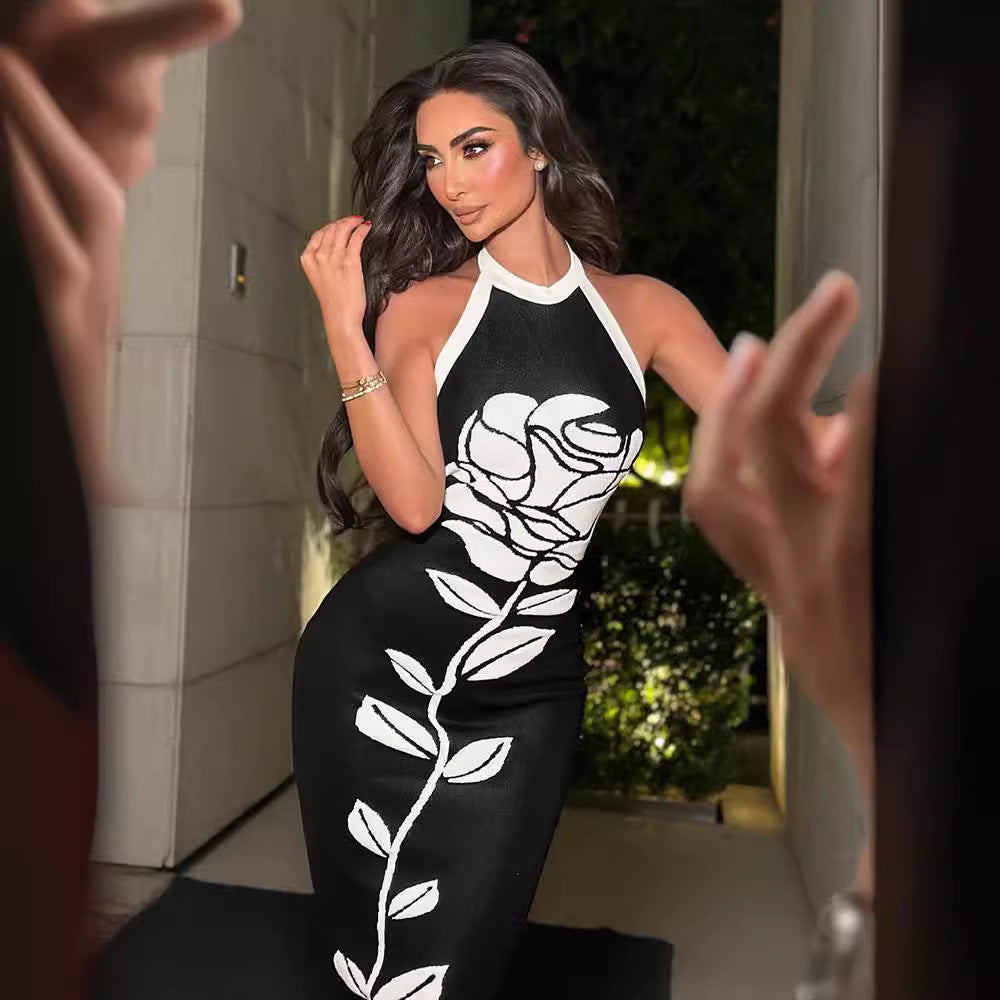 Vestido maxi sexy sin mangas con cuello halter y estampado ajustado para mujer