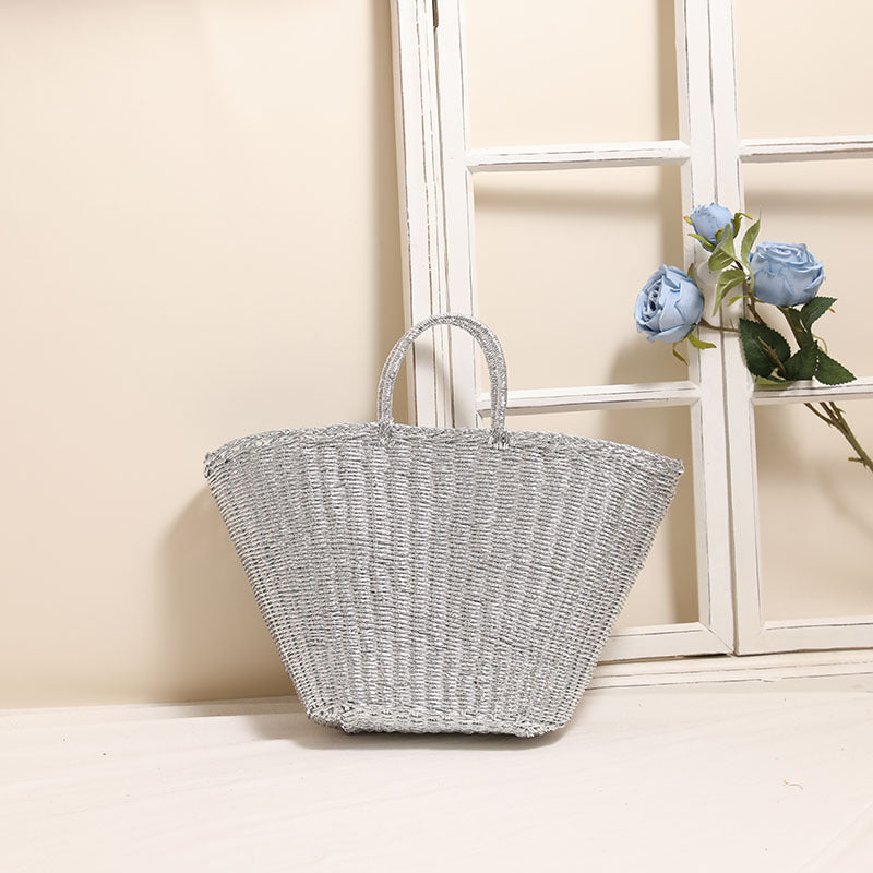 Bolso de paja portátil plateado con diseño de metal, de gran capacidad, ideal para llevar a mano o en la playa. 
