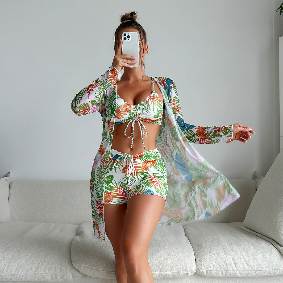 Maillot de bain trois pièces pour femme, boxer, bikini, imprimé corde, filet, rouge
