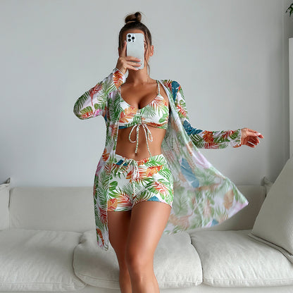 Swimsuit Women Split Three Piece Boxer Shorts Bikini Printed Rope Net Red Swimsuit