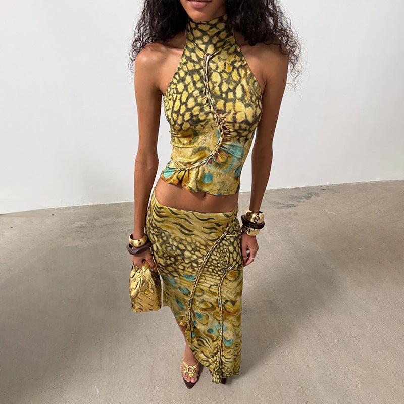 Women Clothing Sexy Low Waist Irregular Asymmetric Skirt Halter Backless Top Two Piece Sets Dores