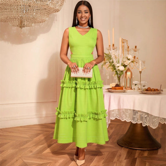 High End Waist Hollow Out Cutout Sexy V neck Party Dress Small Gathers Elegant A Swing Cocktail Evening Dress