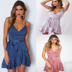 Women Spring Summer New Solid Color Double Ruffled Tied V-neck Strap Dress DreamFashion