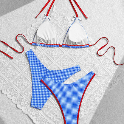 Traje de baño de verano con lazo floral a cuadros para mujer, bikini dividido para vacaciones