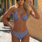 Plaid Printed Bikini Halter Strap Sexy Split Low Waist Bikini Beach Swimsuit WithWind