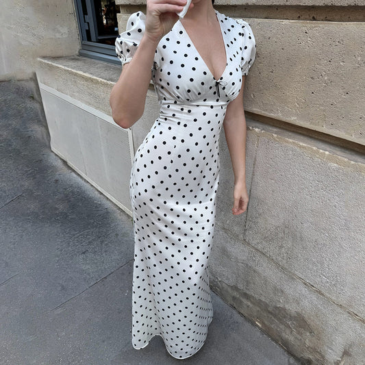 V neck Waist-Controlled Lace up Puff Sleeve Polka Dot Elegant Sexy Slim Dress Maxi Dress