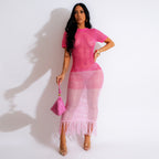 Vestido playero de punto con borlas para mujer, sexy, de manga corta, para verano