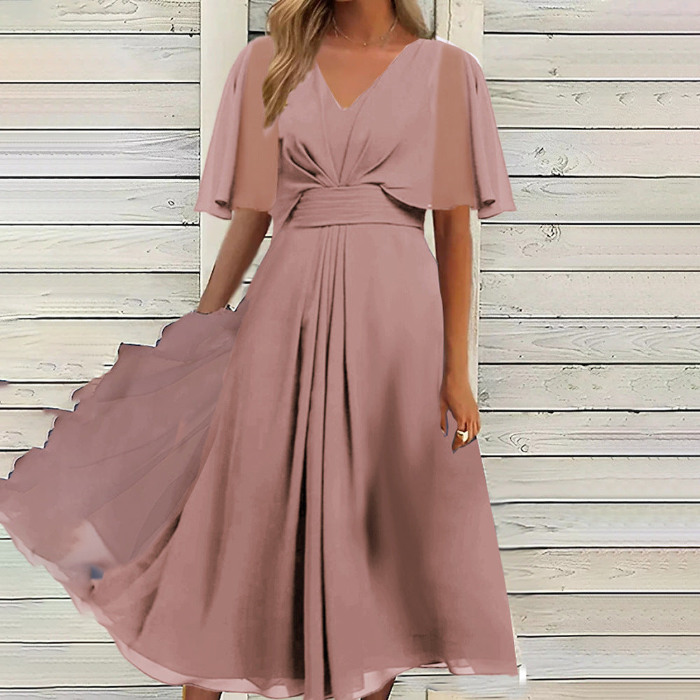 Summer Solid Color V Neck Waist Trimming Casual Swing Dress KAIXUAN