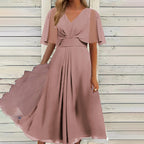 Summer Solid Color V Neck Waist Trimming Casual Swing Dress KAIXUAN