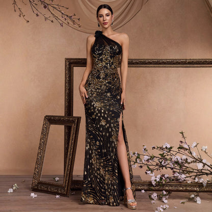 Long Elegant Oblique Shoulder Cocktail Party Dinner Dress Luxury Slit Bridesmaid Graduation Dress