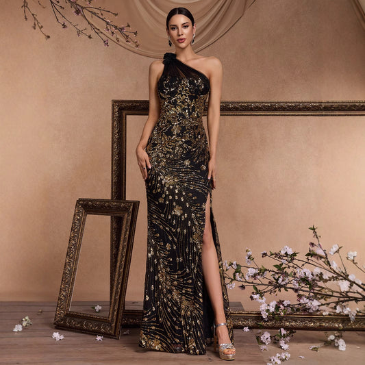 Long Elegant Oblique Shoulder Cocktail Party Dinner Dress Luxury Slit Bridesmaid Graduation Dress