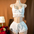 Summer Lady Sexy Underwear Sexy Sexy Bow Tied Lotus Leaf Thin Breathable Homewear Two Piece Sets OnlyOne