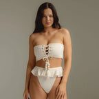 Women Tube Top High Waist with Straps Split Swimsuit Ruffled Solid Color Thread Bikini Thunder