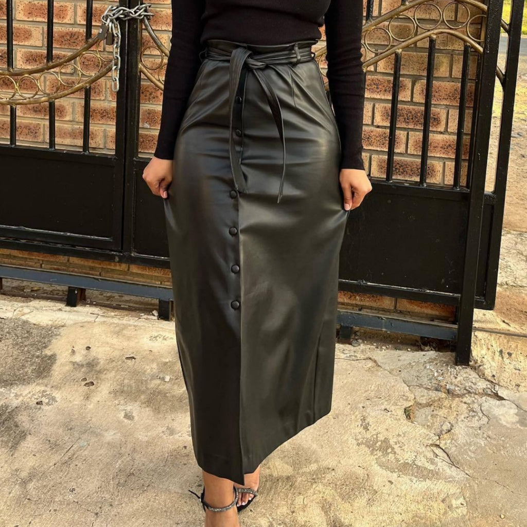 Women Clothing Autumn Winter Mid-Length Black Faux Leather Bag Buckle Slit Leather Skirt Containing Belt Oudiya