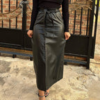 Women Clothing Autumn Winter Mid-Length Black Faux Leather Bag Buckle Slit Leather Skirt Containing Belt Oudiya